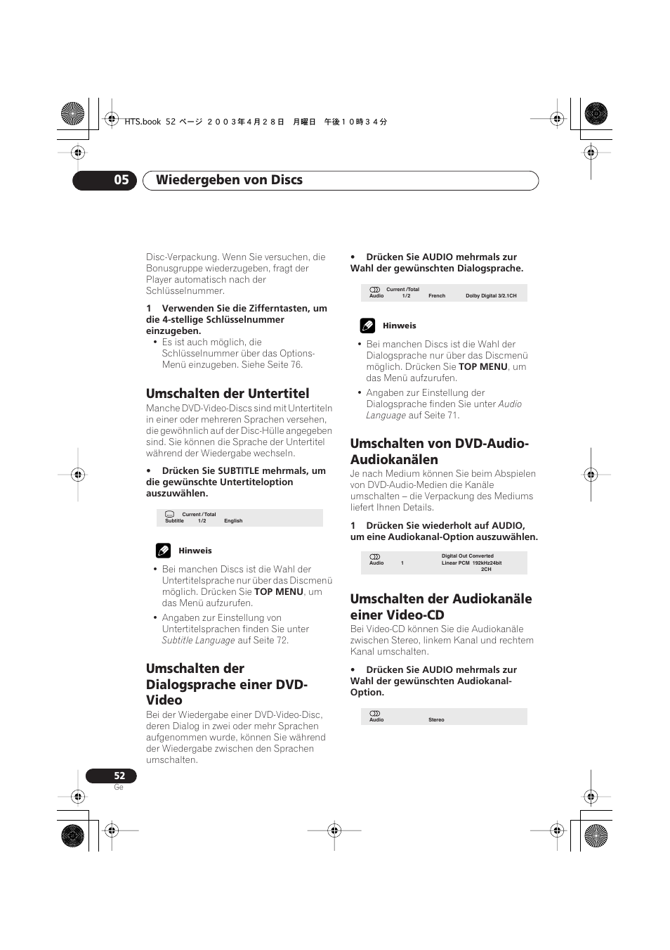Umschalten der untertitel, Umschalten der dialogsprache einer dvd-video, Umschalten von dvd-audio- audiokanälen | Umschalten der audiokanäle einer video-cd, Wiedergeben von discs 05, Umschalten der dialogsprache einer dvd- video | Pioneer NS-DV990 User Manual | Page 154 / 208