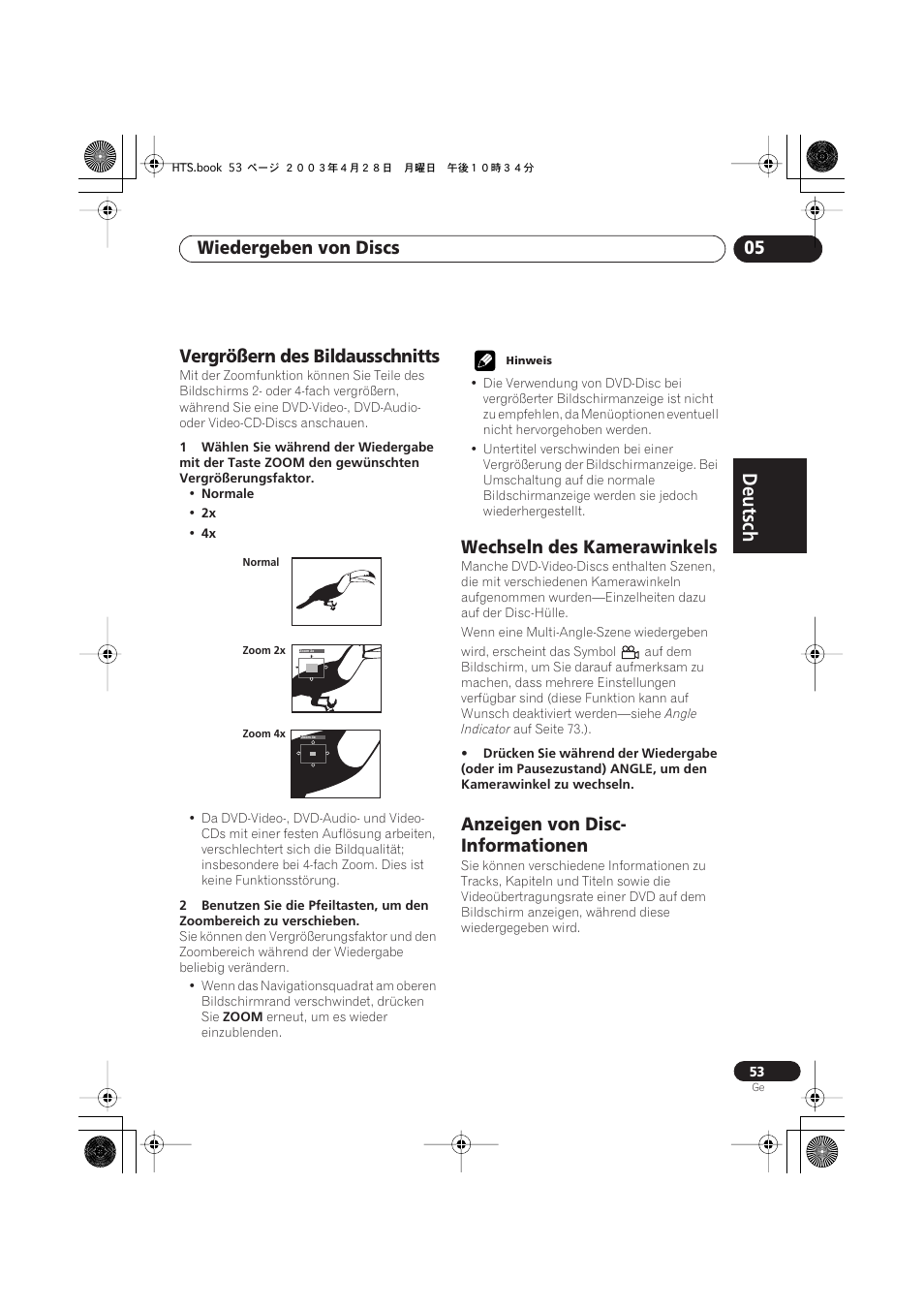 Vergrößern des bildausschnitts, Wechseln des kamerawinkels, Anzeigen von disc-informationen | Deutsch, Deutsch français, Nederlands, Español deutsch, Wiedergeben von discs 05, Anzeigen von disc- informationen | Pioneer NS-DV990 User Manual | Page 155 / 208