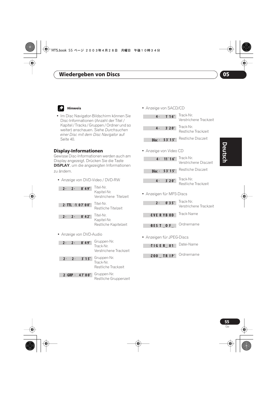 Display-informationen, Deutsch, Deutsch français | Nederlands, Español deutsch, Wiedergeben von discs 05 | Pioneer NS-DV990 User Manual | Page 157 / 208