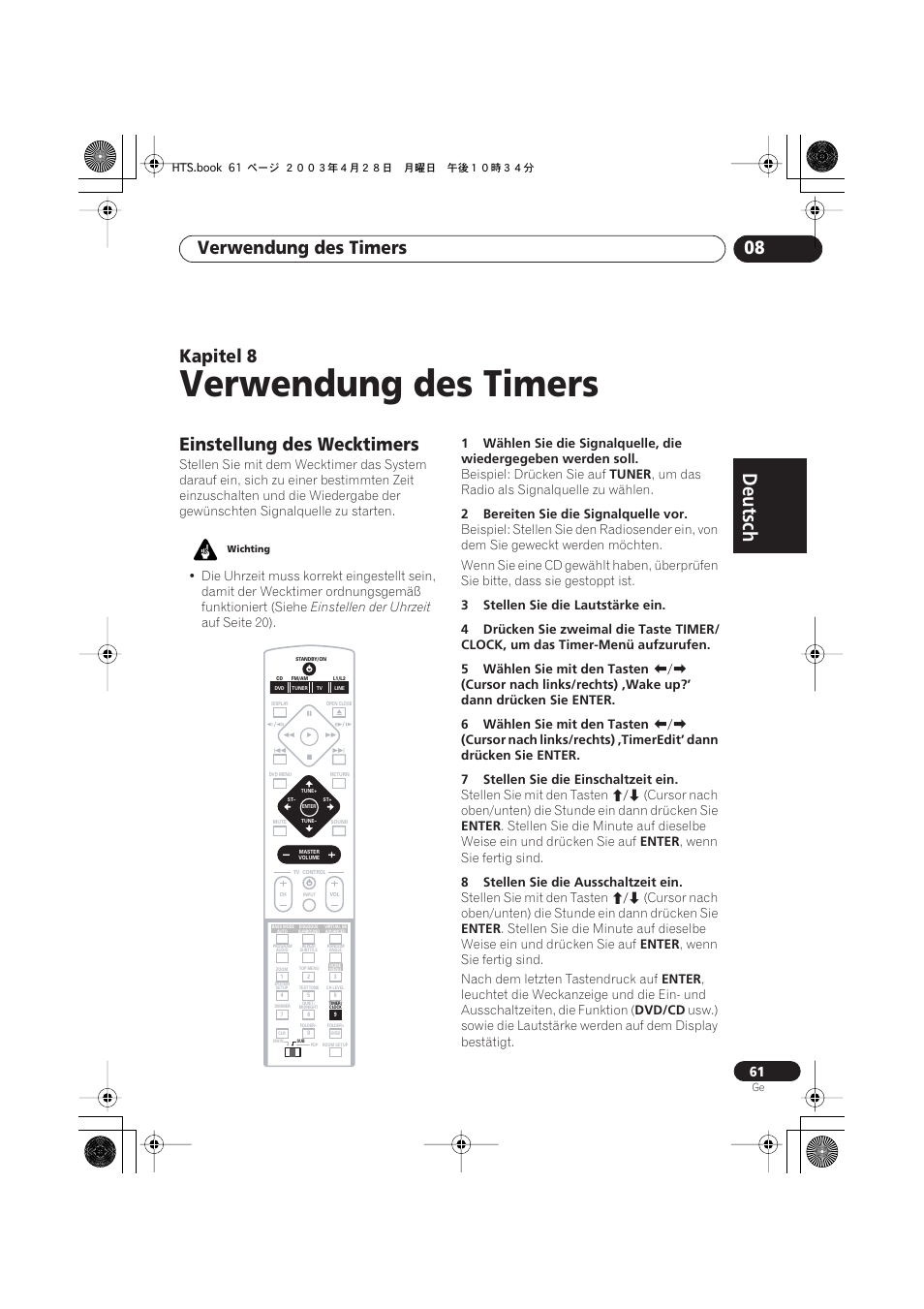 Einstellung des wecktimers, Verwendung des timers, Deutsch | Deutsch français, Nederlands, Español deutsch, Verwendung des timers 08, Kapitel 8 | Pioneer NS-DV990 User Manual | Page 163 / 208