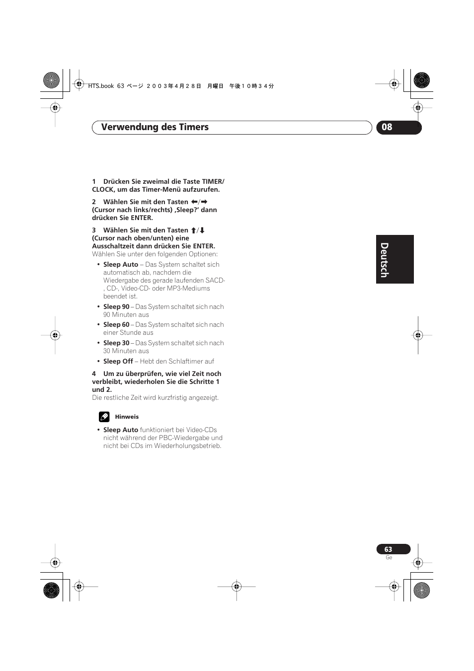 Deutsch, Deutsch français, Nederlands | Español deutsch, Verwendung des timers 08 | Pioneer NS-DV990 User Manual | Page 165 / 208