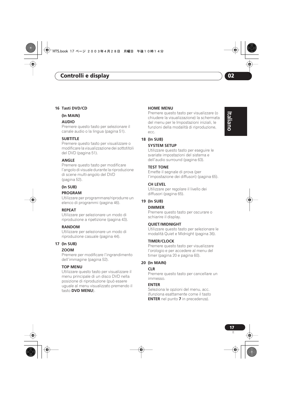 Italiano, Italiano français, Nederlands | Español deutsch, Controlli e display 02 | Pioneer NS-DV990 User Manual | Page 17 / 208