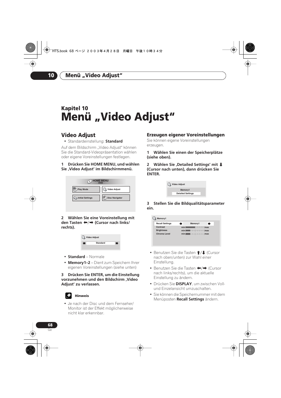 Video adjust, Erzeugen eigener voreinstellungen, Menü | Menü „video adjust“ 10, Kapitel 10 | Pioneer NS-DV990 User Manual | Page 170 / 208