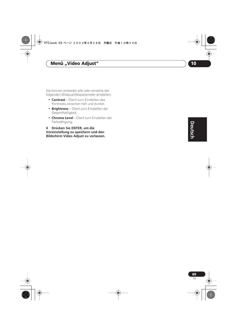 Deutsch, Deutsch français, Nederlands | Español deutsch, Menü „video adjust“ 10 | Pioneer NS-DV990 User Manual | Page 171 / 208