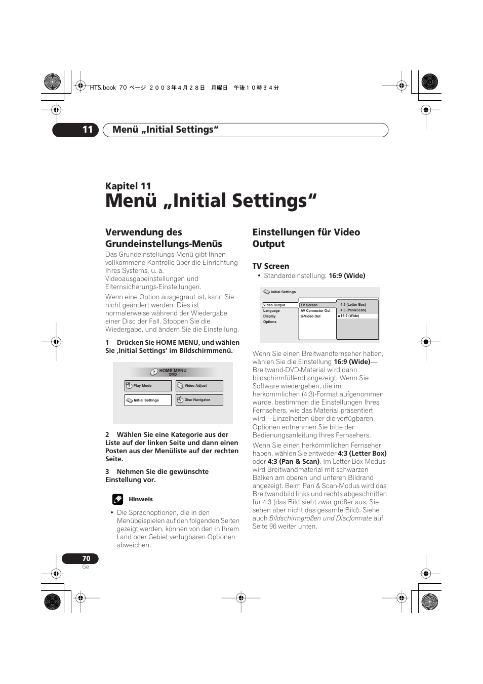 Verwendung des grundeinstellungs- menüs, Einstellungen für video output, Tv screen | Menü „initial settings, Menü „initial settings“ 11, Kapitel 11, Verwendung des grundeinstellungs-menüs | Pioneer NS-DV990 User Manual | Page 172 / 208