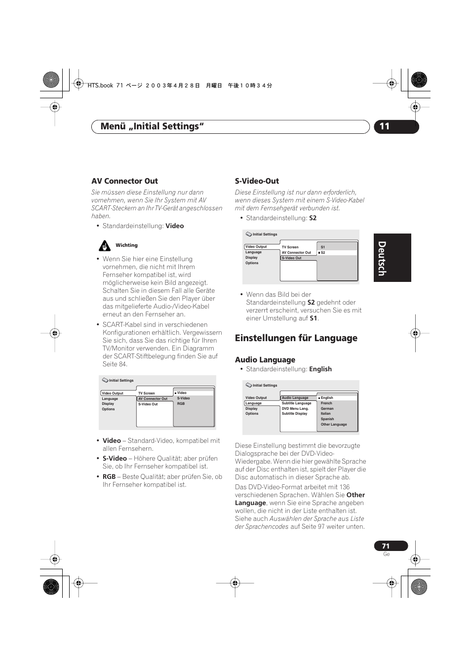 Av connector out, S-video-out, Einstellungen für language | Audio language, Deutsch, Deutsch français, Nederlands, Español deutsch, Menü „initial settings“ 11 | Pioneer NS-DV990 User Manual | Page 173 / 208