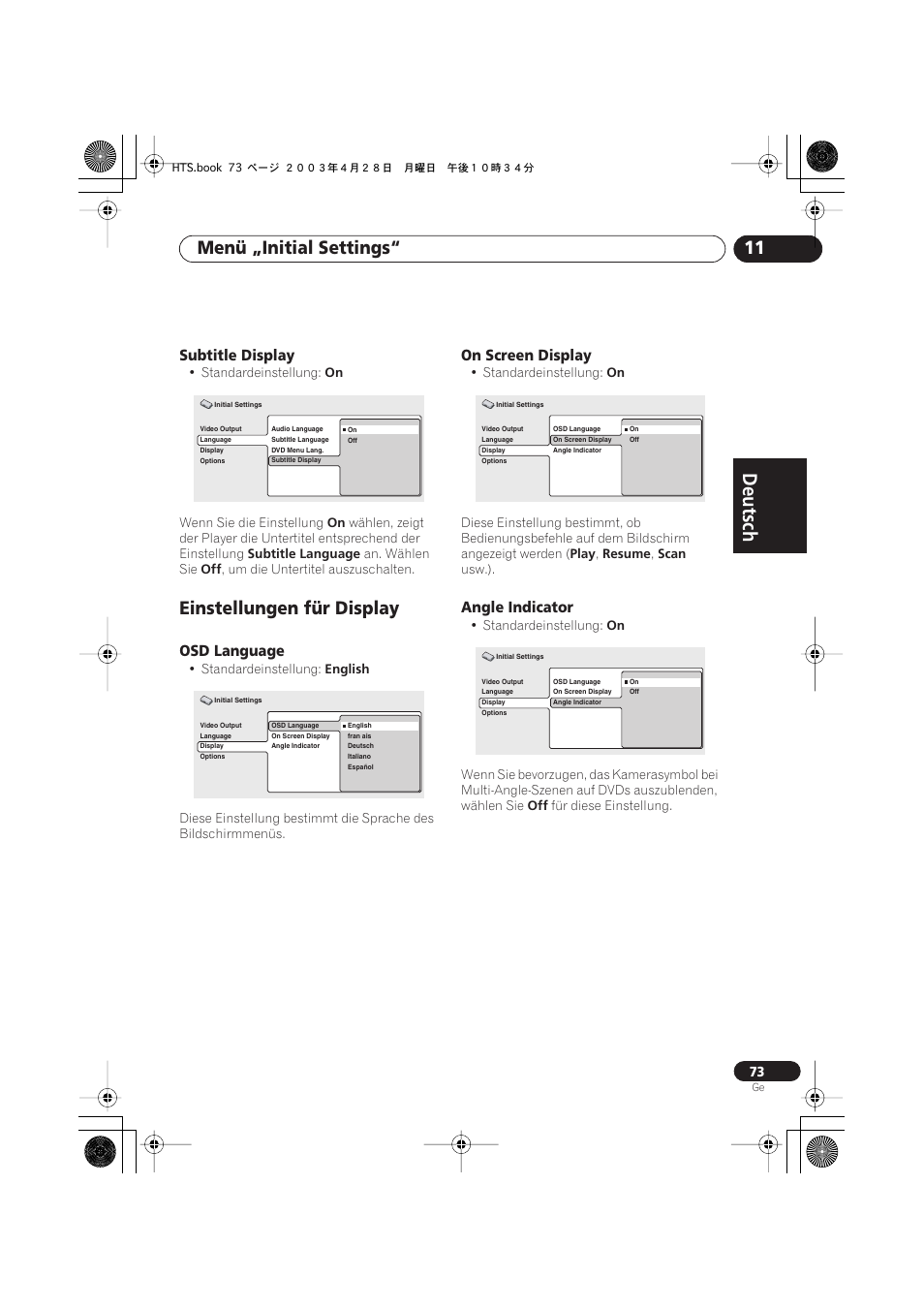 Subtitle display, Einstellungen für display, Osd language | On screen display, Angle indicator, Deutsch, Deutsch français, Nederlands, Español deutsch, Menü „initial settings“ 11 | Pioneer NS-DV990 User Manual | Page 175 / 208