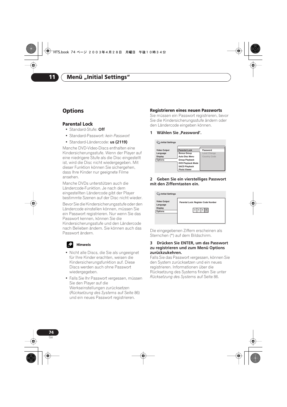 Options, Parental lock, Menü „initial settings“ 11 | Pioneer NS-DV990 User Manual | Page 176 / 208