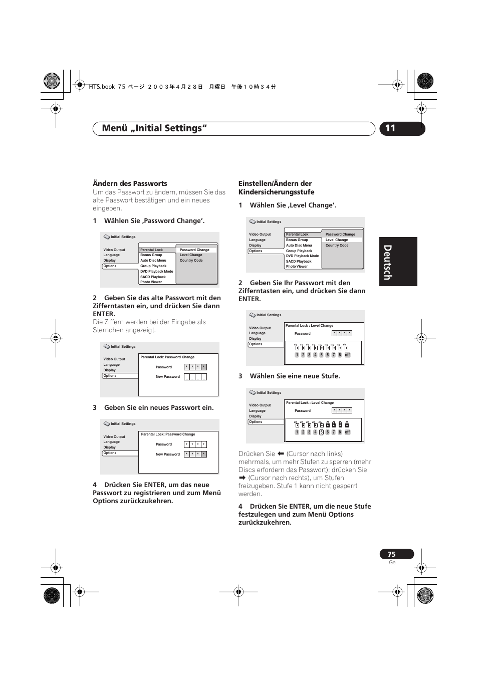 Deutsch, Deutsch français, Nederlands | Español deutsch, Menü „initial settings“ 11, Ändern des passworts, Einstellen/ändern der kindersicherungsstufe | Pioneer NS-DV990 User Manual | Page 177 / 208