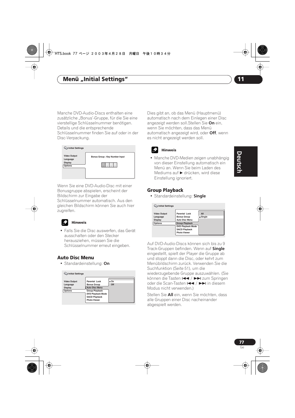 Auto disc menu, Group playback, Deutsch | Deutsch français, Nederlands, Español deutsch, Menü „initial settings“ 11 | Pioneer NS-DV990 User Manual | Page 179 / 208