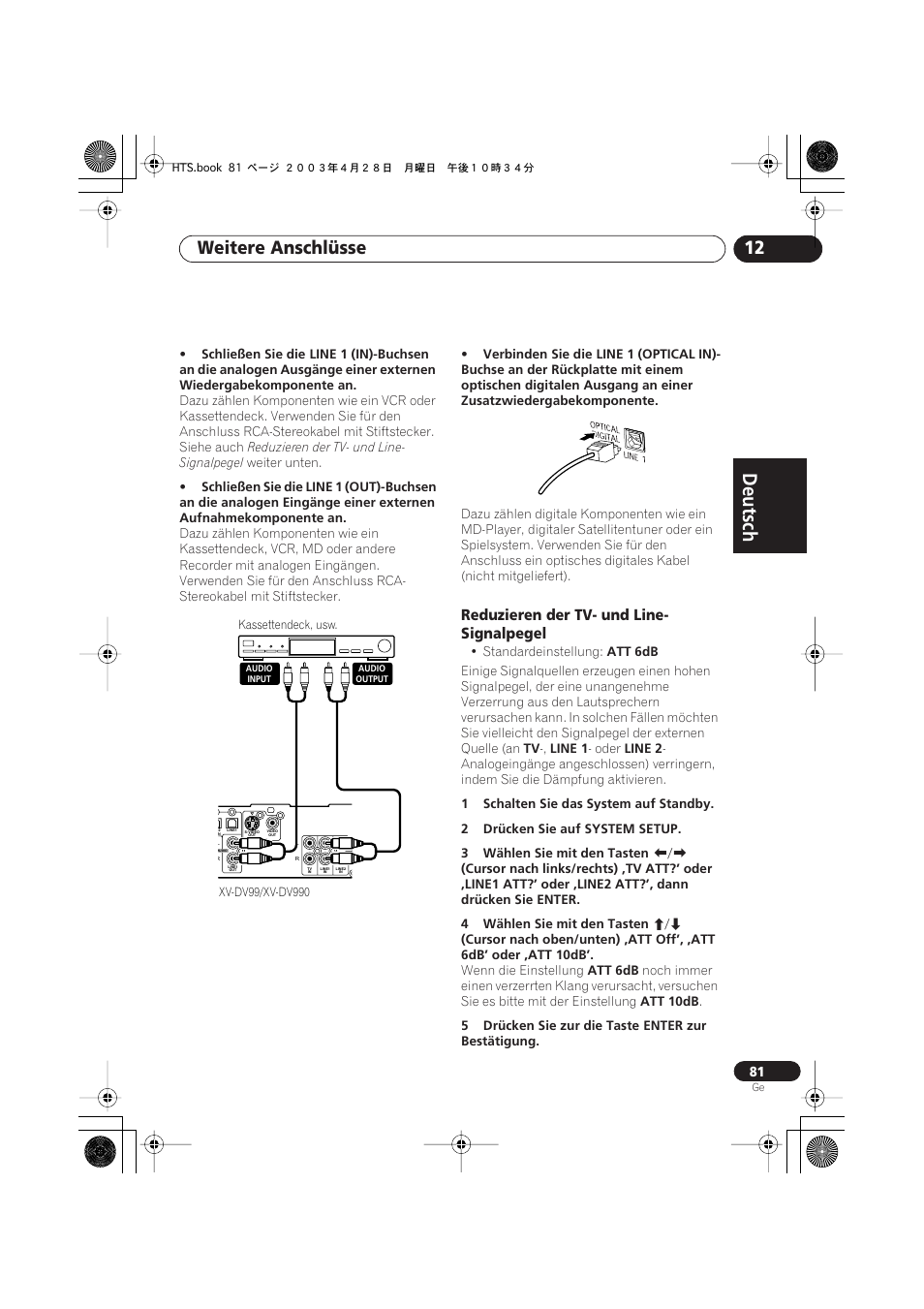 Reduzieren der tv- und line- signalpegel, Deutsch, Deutsch français | Nederlands, Español deutsch, Weitere anschlüsse 12 | Pioneer NS-DV990 User Manual | Page 183 / 208