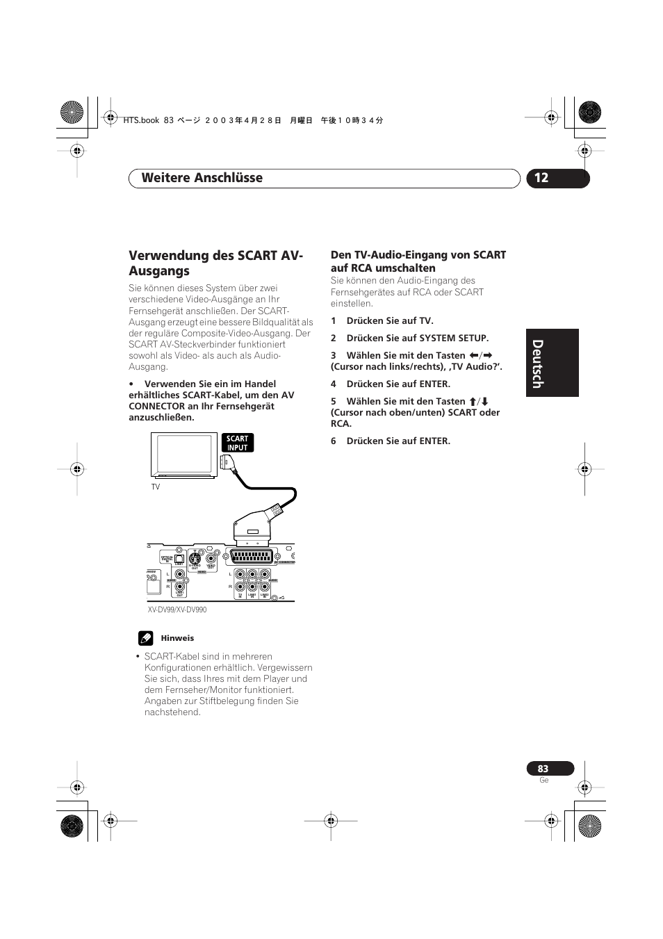 Verwendung des scart av-ausgangs, Den tv-audio-eingang von scart auf rca umschalten, Deutsch | Deutsch français, Nederlands, Español deutsch, Weitere anschlüsse 12, Verwendung des scart av- ausgangs | Pioneer NS-DV990 User Manual | Page 185 / 208