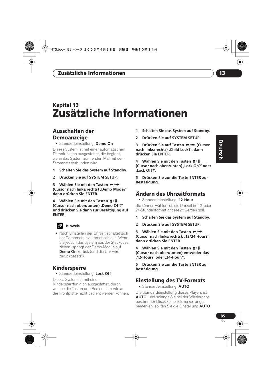 Ausschalten der demoanzeige, Kindersperre, Ändern des uhrzeitformats | Einstellung des tv-formats, Zusätzliche informationen, Deutsch, Deutsch français, Nederlands, Español deutsch, Zusätzliche informationen 13 | Pioneer NS-DV990 User Manual | Page 187 / 208
