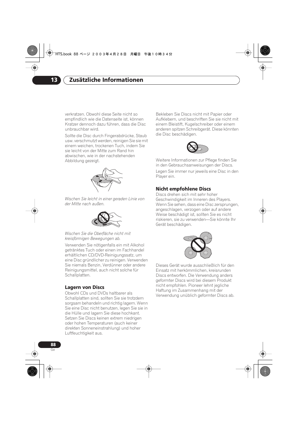Lagern von discs, Nicht empfohlene discs, Zusätzliche informationen 13 | Pioneer NS-DV990 User Manual | Page 190 / 208