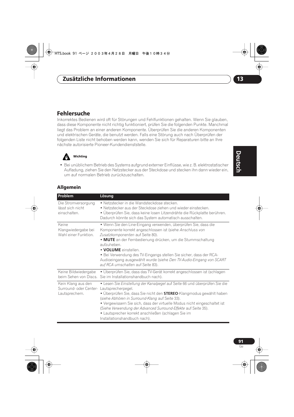 Fehlersuche, Allgemein, Deutsch | Deutsch français, Nederlands, Español deutsch, Zusätzliche informationen 13 | Pioneer NS-DV990 User Manual | Page 193 / 208