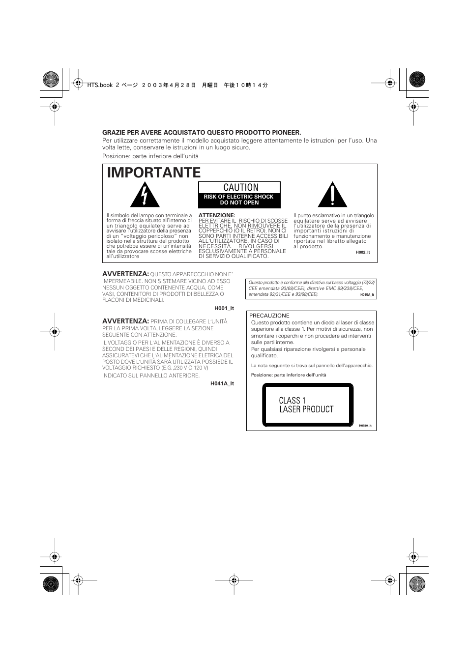 Importante, Caution | Pioneer NS-DV990 User Manual | Page 2 / 208