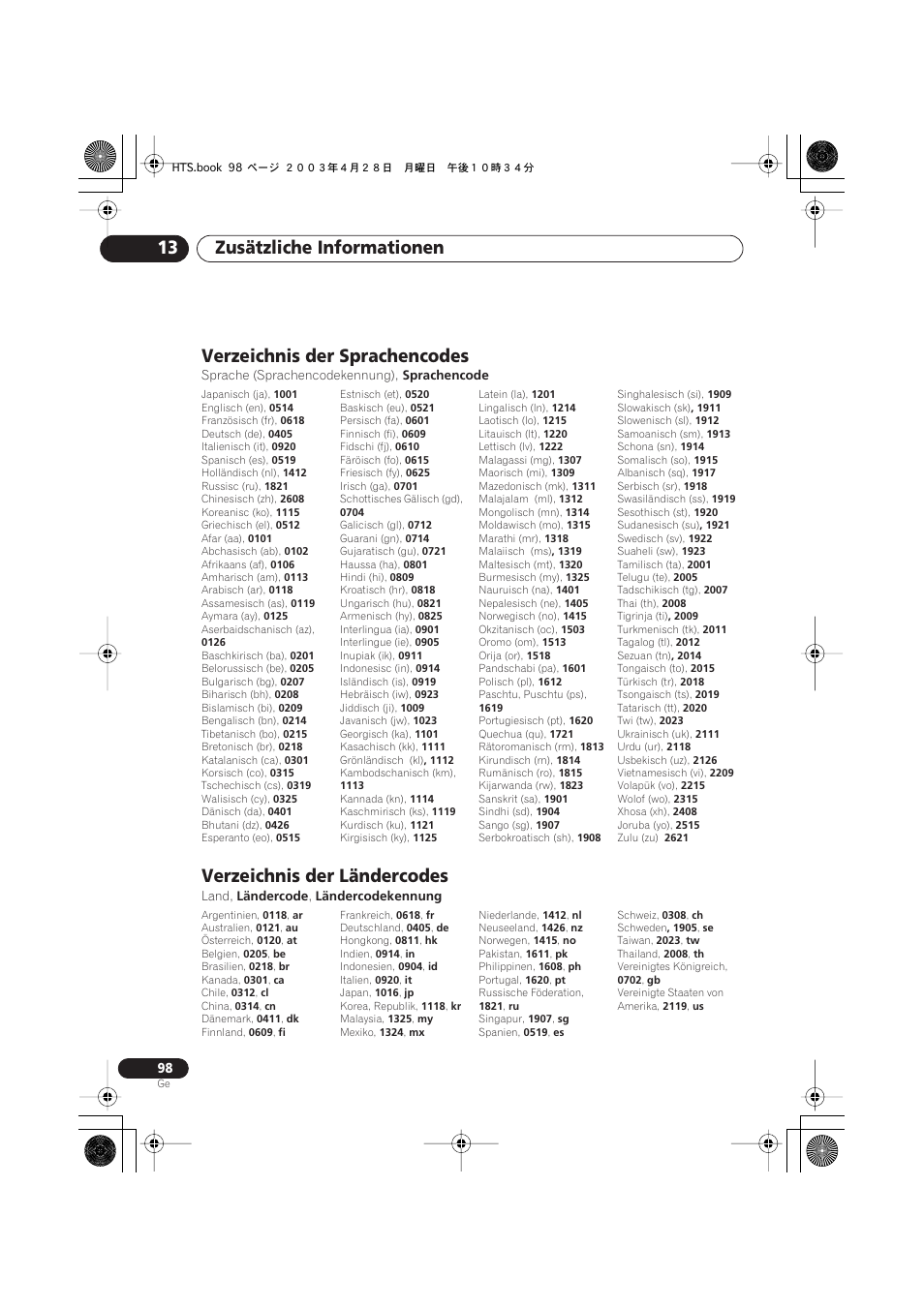 Verzeichnis der sprachencodes, Verzeichnis der ländercodes, Zusätzliche informationen 13 | Pioneer NS-DV990 User Manual | Page 200 / 208