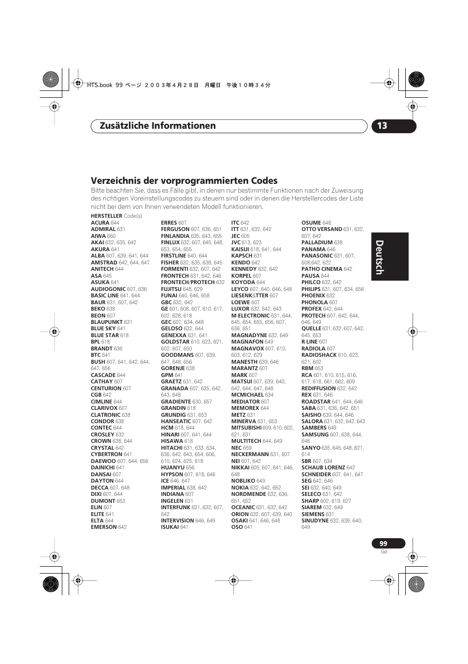 Verzeichnis der vorprogrammierten codes, Deutsch, Deutsch français | Nederlands, Español deutsch, Zusätzliche informationen 13 | Pioneer NS-DV990 User Manual | Page 201 / 208