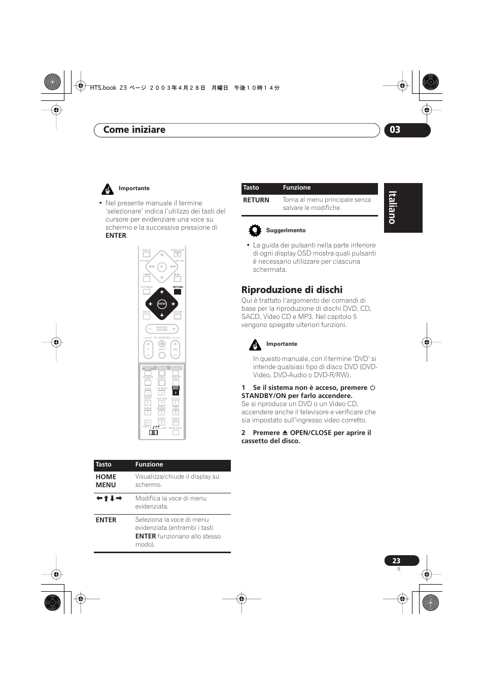 Riproduzione di dischi, Italiano, Italiano français | Nederlands, Español deutsch, Come iniziare 03 | Pioneer NS-DV990 User Manual | Page 23 / 208