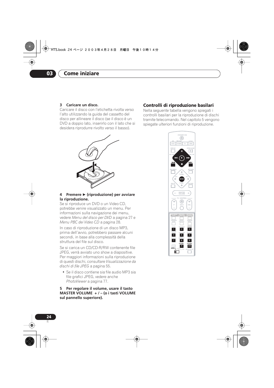 Controlli di riproduzione basilari, Come iniziare 03, 3caricare un disco | 4premere, Riproduzione) per avviare la riproduzione, Menu del disco per dvd, A pagina 27 e, Menu pbc dei video cd, Visualizzazione da dischi di file jpeg, Photoviewer | Pioneer NS-DV990 User Manual | Page 24 / 208