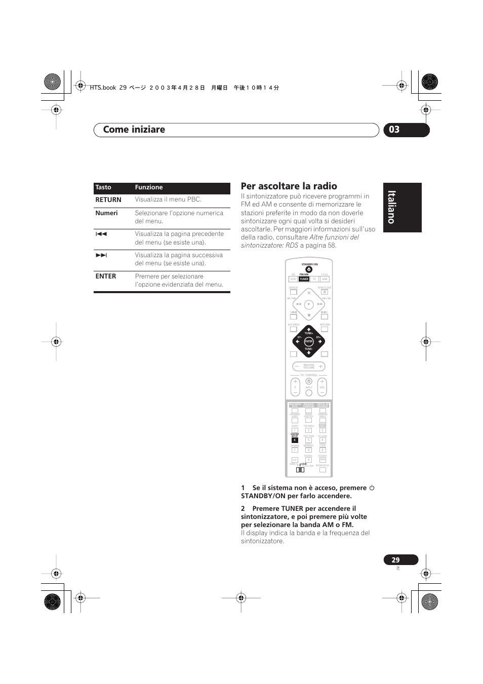 Per ascoltare la radio, Italiano, Italiano français | Nederlands, Español deutsch, Come iniziare 03, Altre funzioni del sintonizzatore: rds, A pagina 58, 1se il sistema non è acceso, premere, Return | Pioneer NS-DV990 User Manual | Page 29 / 208