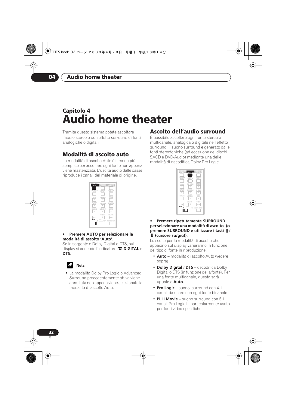 Modalità di ascolto auto, Ascolto dell’audio surround, Audio home theater | Audio home theater 04, Capitolo 4, Digital, Cursore su/giù)), Auto, Modalità di ascolto auto (vedere sopra), Dolby digital | Pioneer NS-DV990 User Manual | Page 32 / 208
