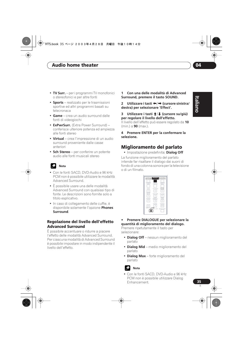 Miglioramento del parlato, Italiano, Italiano français | Nederlands, Español deutsch, Audio home theater 04 | Pioneer NS-DV990 User Manual | Page 35 / 208