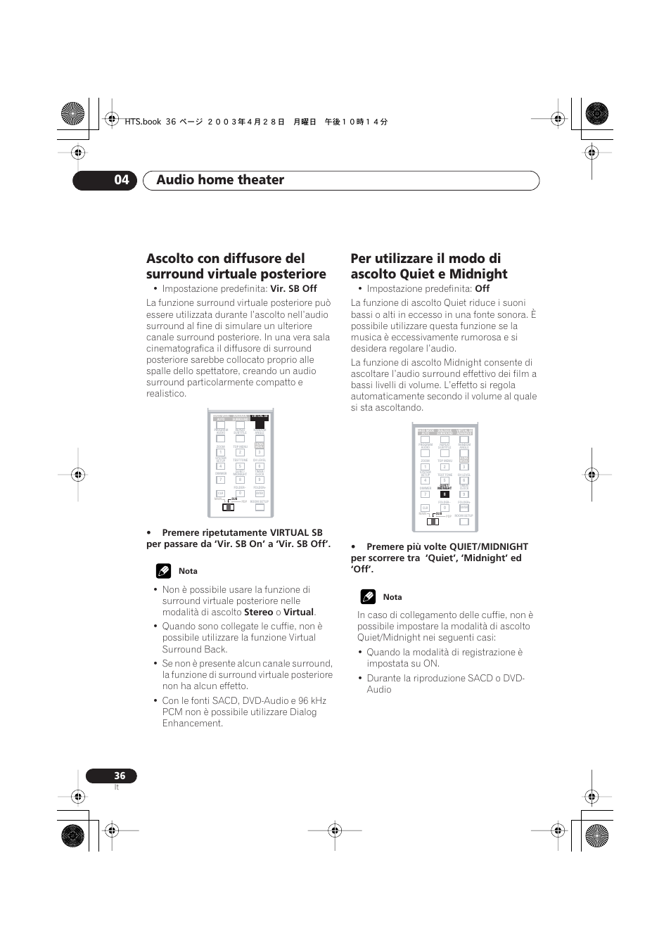 Per utilizzare il modo di ascolto quiet e midnight, Audio home theater 04, Impostazione predefinita | Vir. sb off, Stereo, Virtual | Pioneer NS-DV990 User Manual | Page 36 / 208