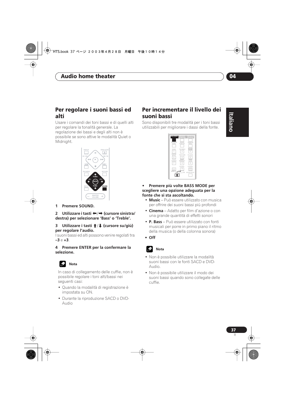 Per regolare i suoni bassi ed alti, Per incrementare il livello dei suoni bassi, Italiano | Italiano français, Nederlands, Español deutsch, Audio home theater 04 | Pioneer NS-DV990 User Manual | Page 37 / 208