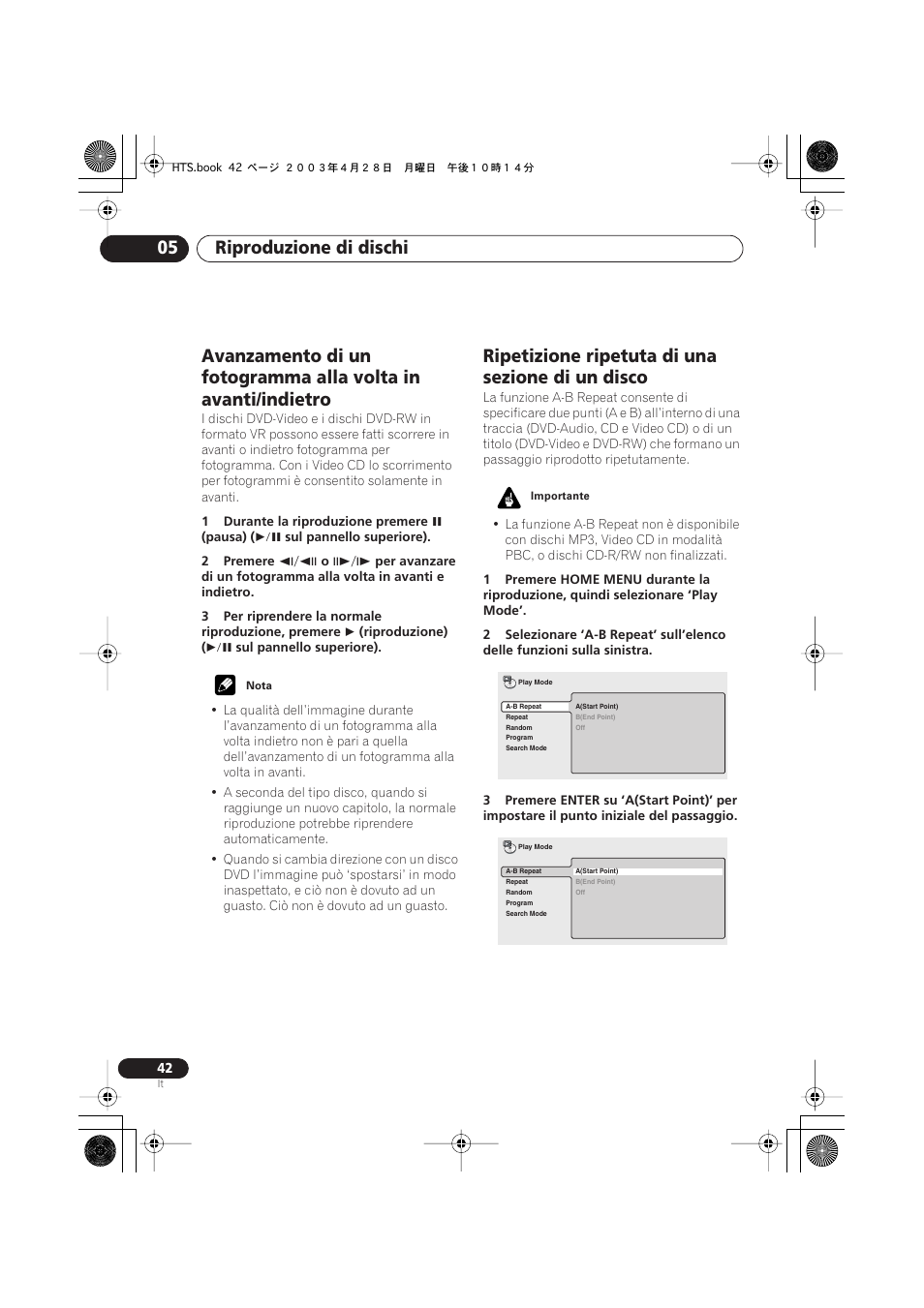 Ripetizione ripetuta di una sezione di un disco, Riproduzione di dischi 05 | Pioneer NS-DV990 User Manual | Page 42 / 208