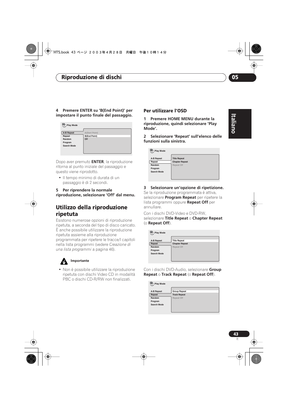 Utilizzo della riproduzione ripetuta, Per utilizzare l’osd, Italiano | Italiano français, Nederlands, Español deutsch, Riproduzione di dischi 05 | Pioneer NS-DV990 User Manual | Page 43 / 208