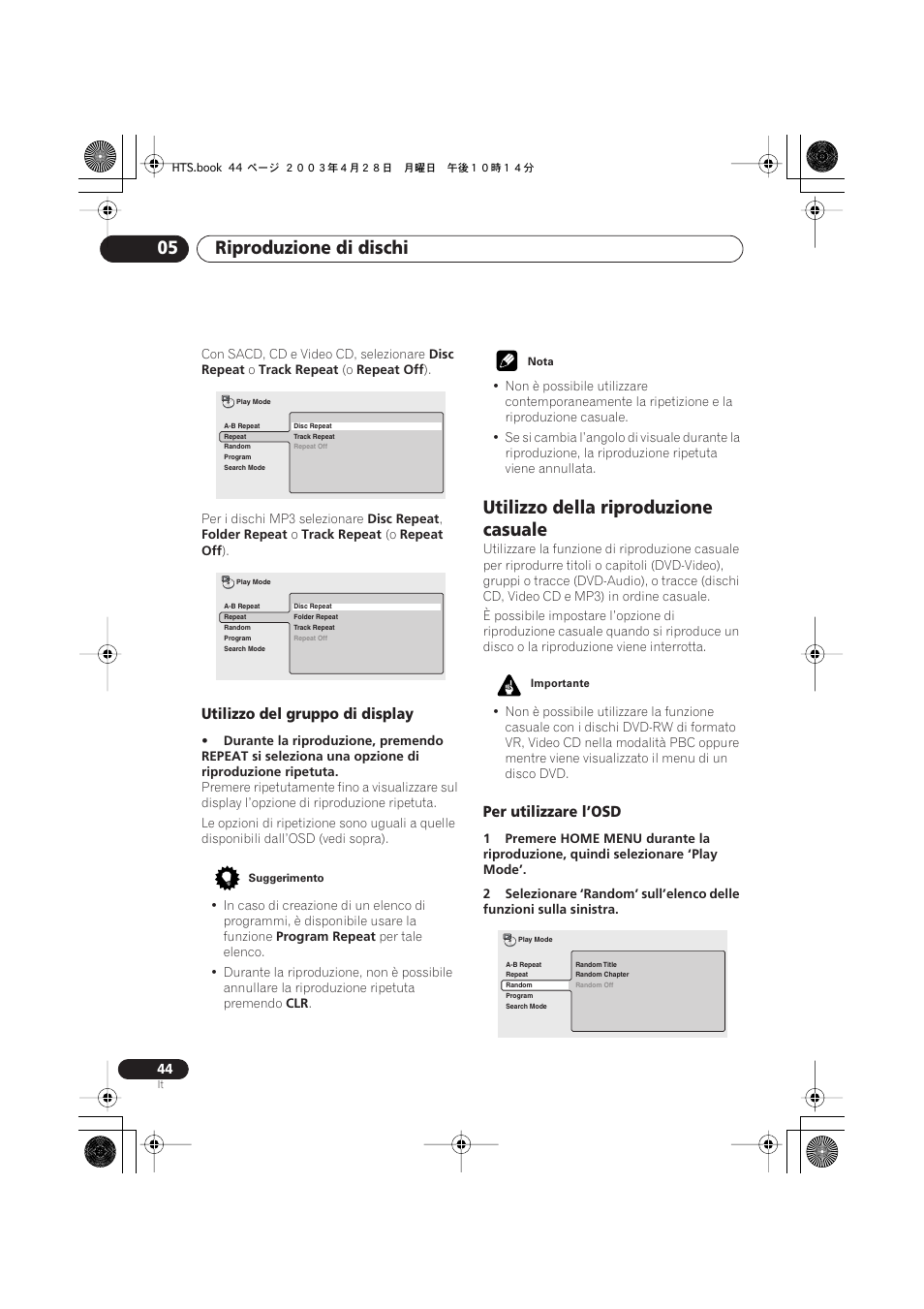 Utilizzo del gruppo di display, Utilizzo della riproduzione casuale, Per utilizzare l’osd | Riproduzione di dischi 05 | Pioneer NS-DV990 User Manual | Page 44 / 208