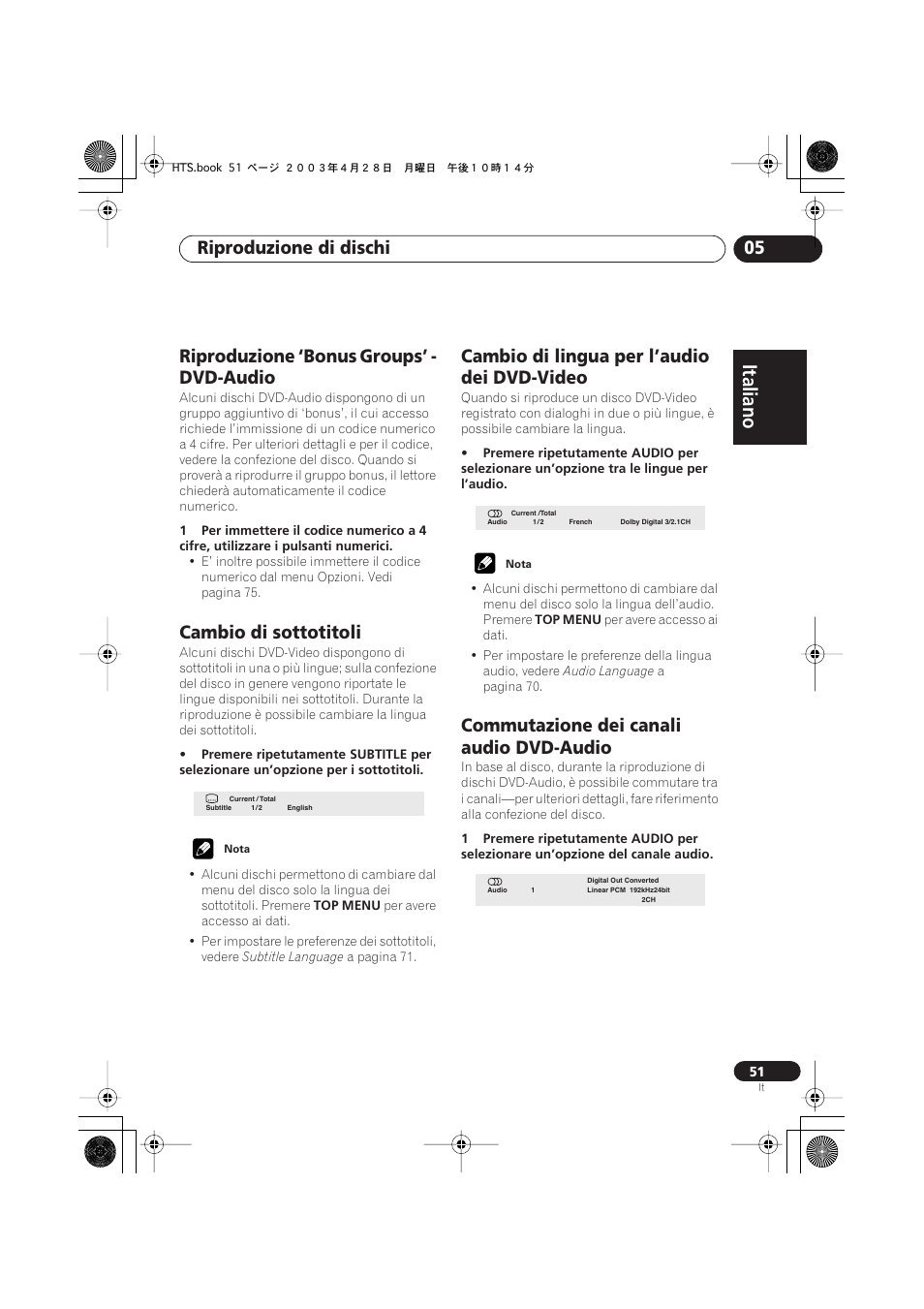 Riproduzione ‘bonus groups’ - dvd-audio, Cambio di sottotitoli, Cambio di lingua per l’audio dei dvd-video | Commutazione dei canali audio dvd-audio, Italiano, Italiano français, Nederlands, Español deutsch, Riproduzione di dischi 05 | Pioneer NS-DV990 User Manual | Page 51 / 208