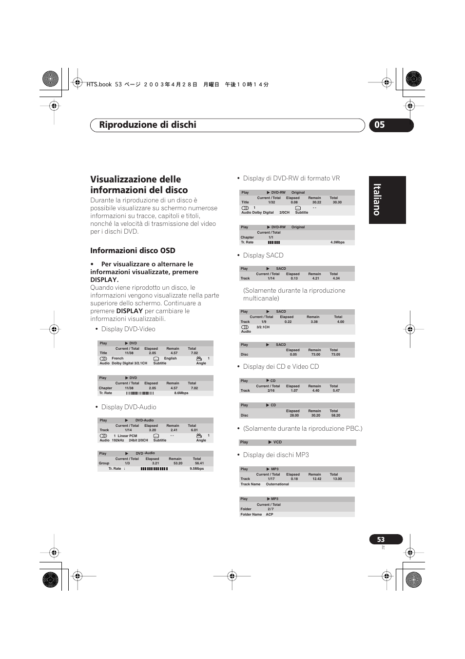 Visualizzazione delle informazioni del disco, Informazioni disco osd, Italiano | Italiano français, Nederlands, Español deutsch, Riproduzione di dischi 05, Display | Pioneer NS-DV990 User Manual | Page 53 / 208