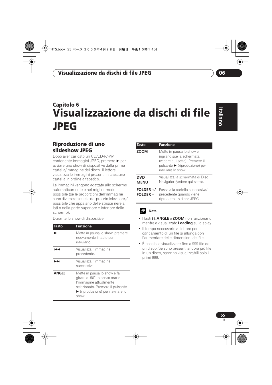 Riproduzione di uno slideshow jpeg, Visualizzazione da dischi di file jpeg, Italiano | Italiano français, Nederlands, Español deutsch, Visualizzazione da dischi di file jpeg 06, Capitolo 6 | Pioneer NS-DV990 User Manual | Page 55 / 208