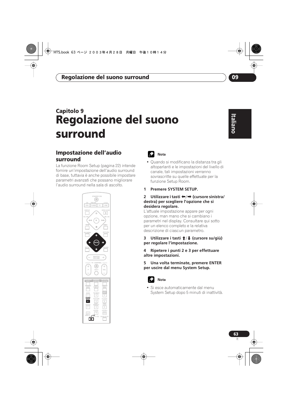 Impostazione dell’audio surround, Regolazione del suono surround, Italiano | Italiano français, Nederlands, Español deutsch, Regolazione del suono surround 09, Capitolo 9, 1premere system setup. 2 utilizzare i tasti, 3utilizzare i tasti | Pioneer NS-DV990 User Manual | Page 63 / 208