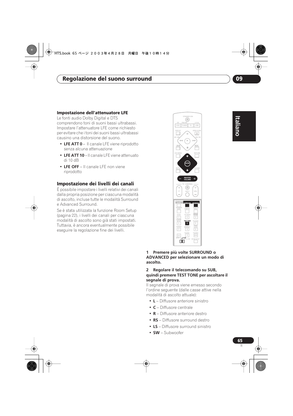 Impostazione dei livelli dei canali, Italiano, Italiano français | Nederlands, Español deutsch, Regolazione del suono surround 09, Impostazione dell’attenuatore lfe | Pioneer NS-DV990 User Manual | Page 65 / 208