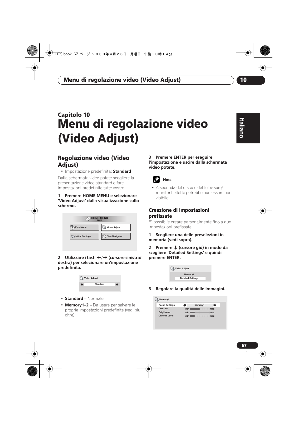 Regolazione video (video adjust), Creazione di impostazioni prefissate, Menu di regolazione video (video adjust) | Italiano, Italiano français, Nederlands, Español deutsch, Menu di regolazione video (video adjust) 10, Capitolo 10 | Pioneer NS-DV990 User Manual | Page 67 / 208