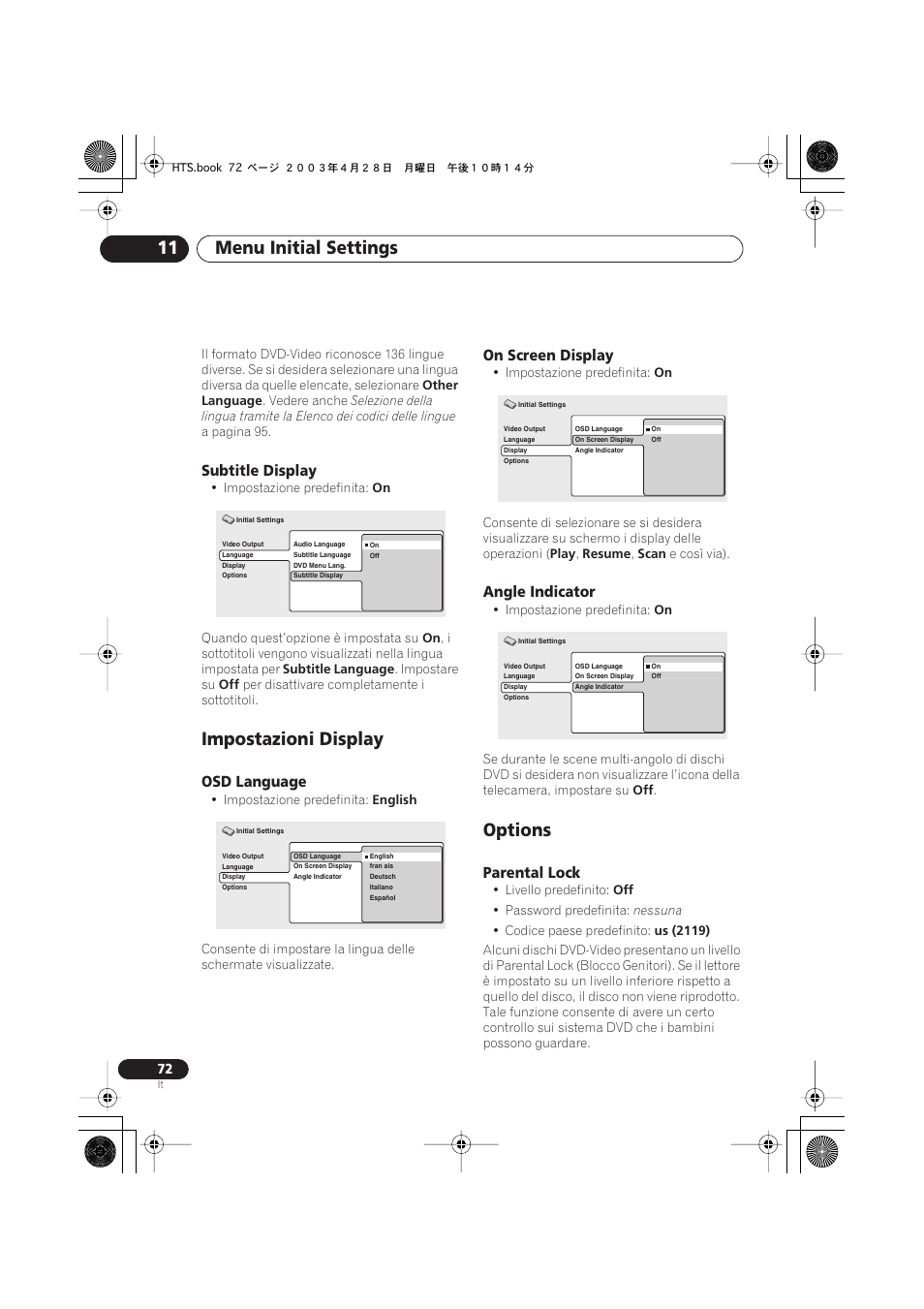 Subtitle display, Impostazioni display, Osd language | On screen display, Angle indicator, Options, Parental lock, Menu initial settings 11 | Pioneer NS-DV990 User Manual | Page 72 / 208