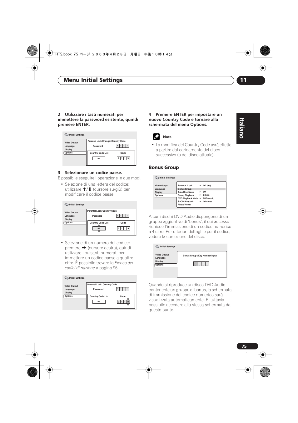 Bonus group, Italiano, Italiano français | Nederlands, Español deutsch, Menu initial settings 11 | Pioneer NS-DV990 User Manual | Page 75 / 208