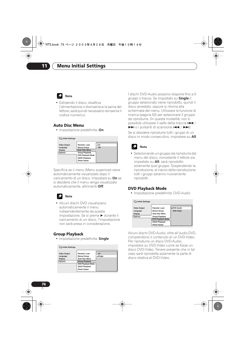 Auto disc menu, Group playback, Dvd playback mode | Menu initial settings 11 | Pioneer NS-DV990 User Manual | Page 76 / 208