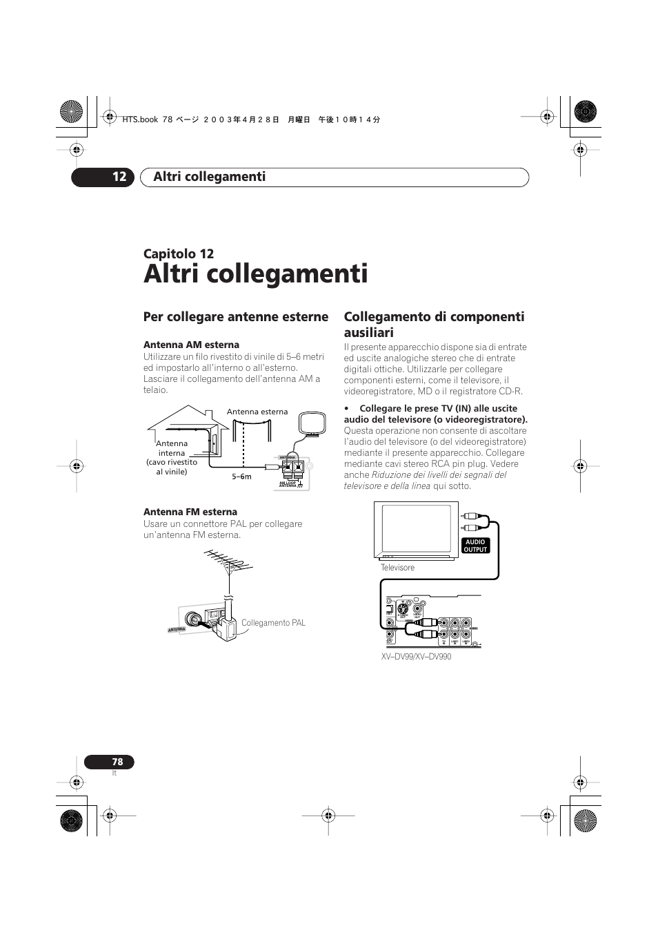 Per collegare antenne esterne, Collegamento di componenti ausiliari, Altri collegamenti | Altri collegamenti 12, Capitolo 12 | Pioneer NS-DV990 User Manual | Page 78 / 208