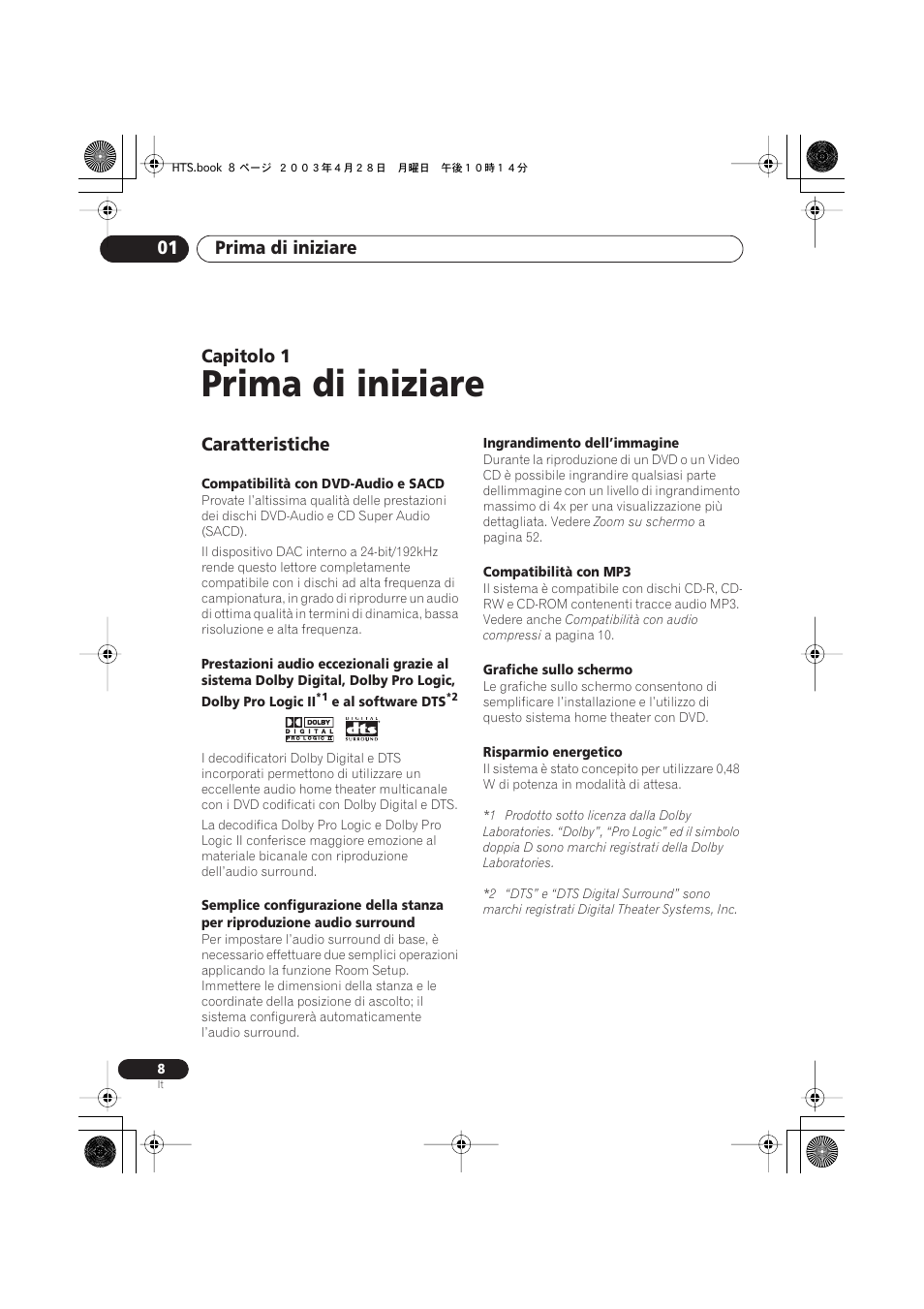 Caratteristiche, Prima di iniziare, Prima di iniziare 01 | Capitolo 1 | Pioneer NS-DV990 User Manual | Page 8 / 208