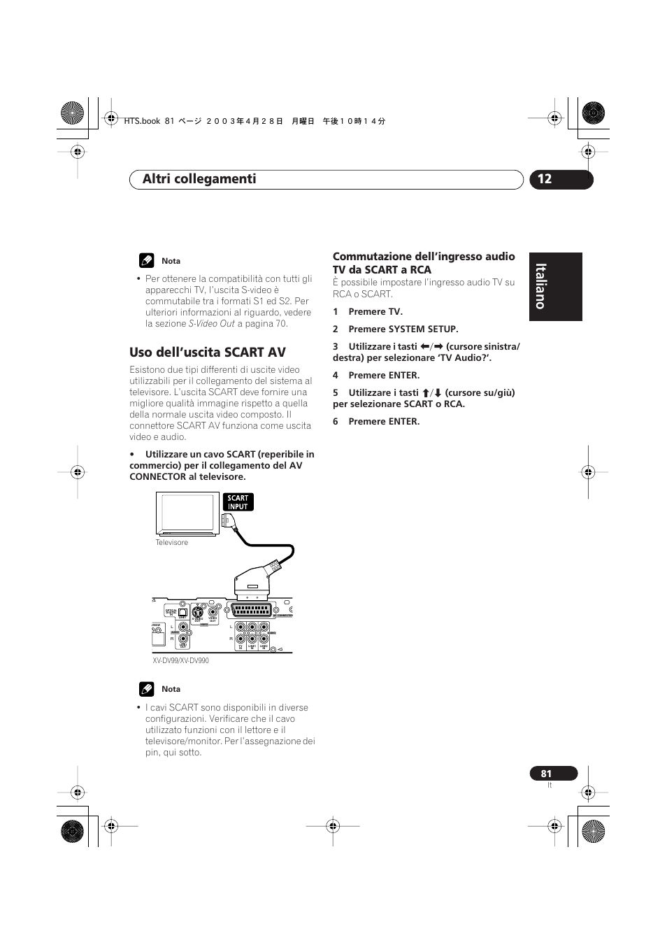 Uso dell’uscita scart av, Commutazione dell’ingresso audio tv da scart a rca, Italiano | Italiano français, Nederlands, Español deutsch, Altri collegamenti 12 | Pioneer NS-DV990 User Manual | Page 81 / 208