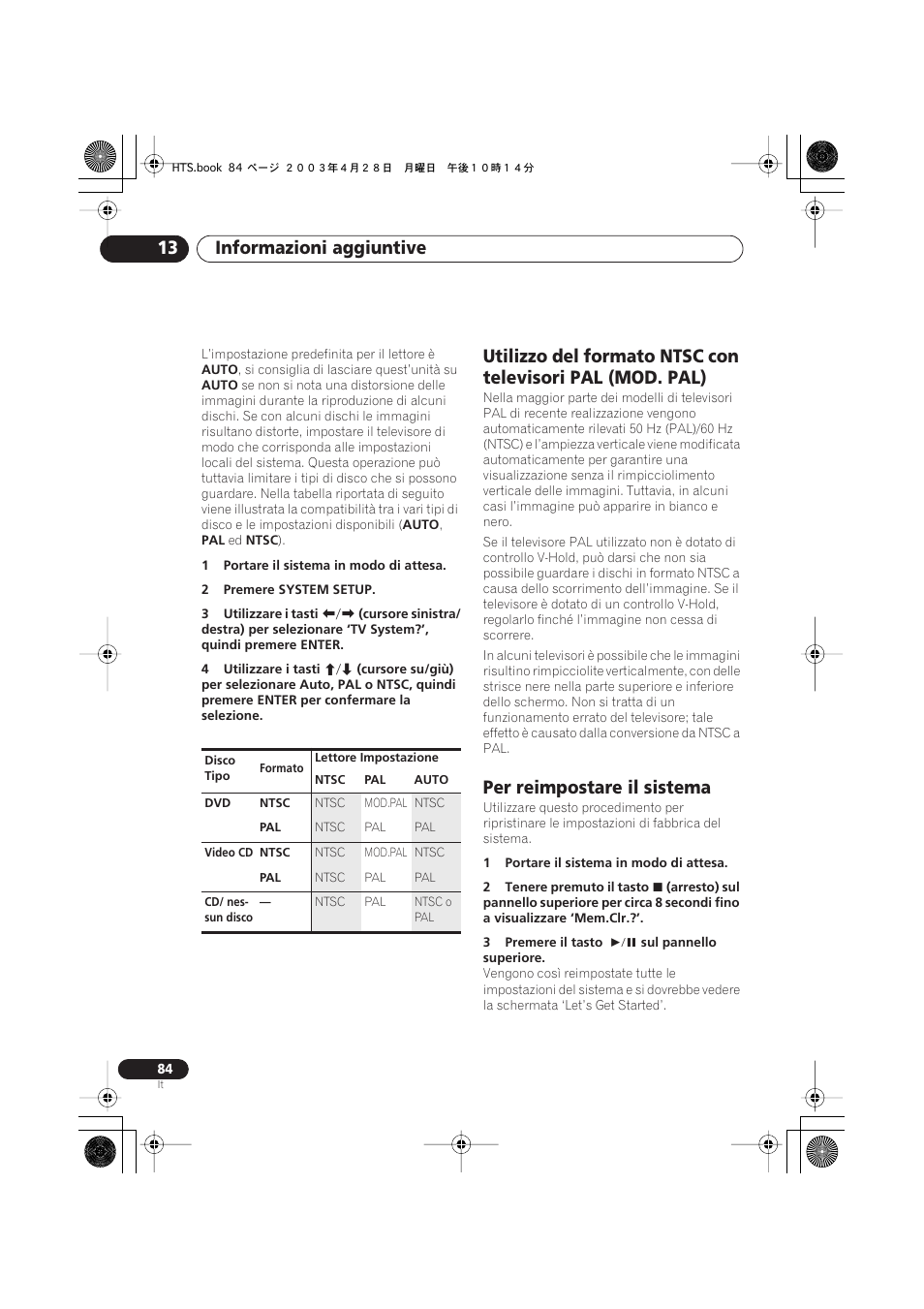 Per reimpostare il sistema, Informazioni aggiuntive 13 | Pioneer NS-DV990 User Manual | Page 84 / 208