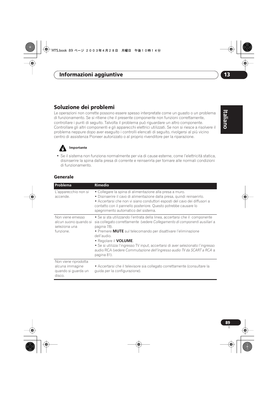 Soluzione dei problemi, Generale, Italiano | Italiano français, Nederlands, Español deutsch, Informazioni aggiuntive 13 | Pioneer NS-DV990 User Manual | Page 89 / 208