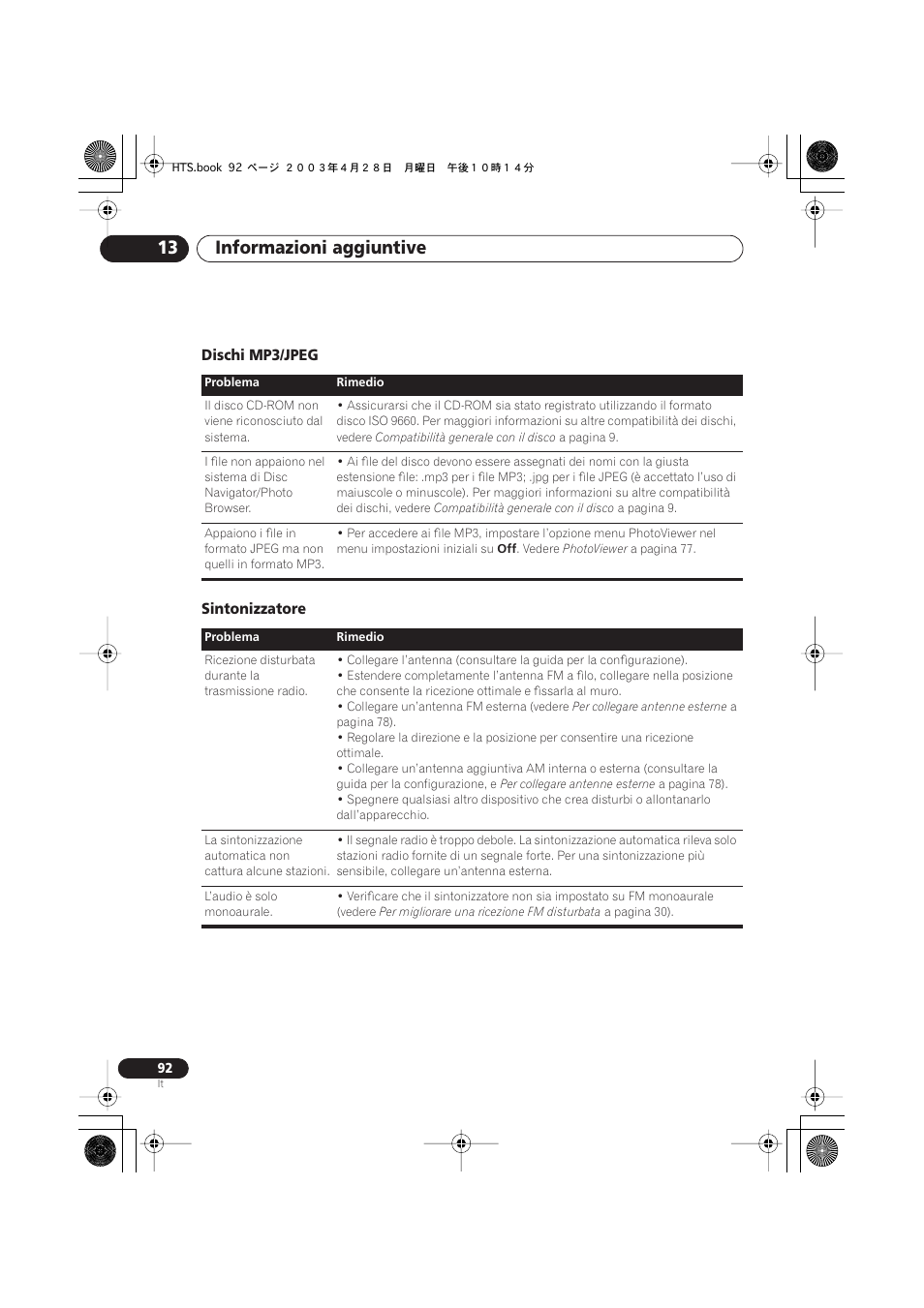 Dischi mp3/jpeg, Sintonizzatore, Informazioni aggiuntive 13 | Dischi mp3/jpeg sintonizzatore | Pioneer NS-DV990 User Manual | Page 92 / 208