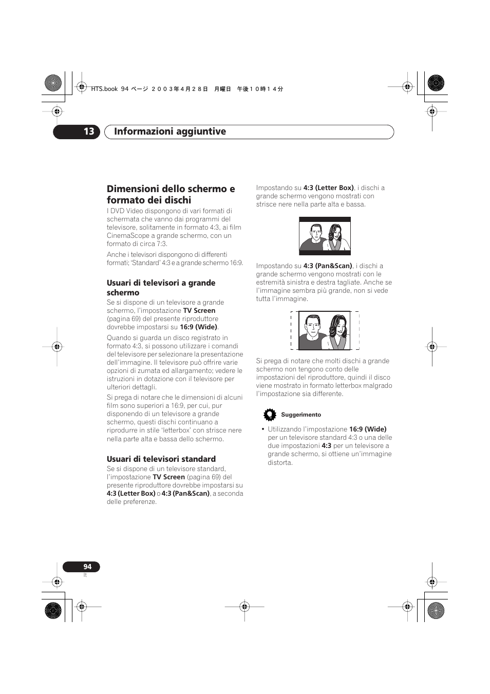 Dimensioni dello schermo e formato dei dischi, Usuari di televisori a grande schermo, Usuari di televisori standard | Informazioni aggiuntive 13 | Pioneer NS-DV990 User Manual | Page 94 / 208