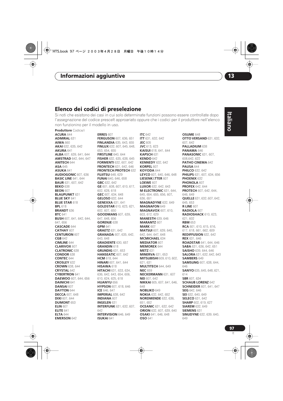 Elenco dei codici di preselezione, Italiano, Italiano français | Nederlands, Español deutsch, Informazioni aggiuntive 13 | Pioneer NS-DV990 User Manual | Page 97 / 208