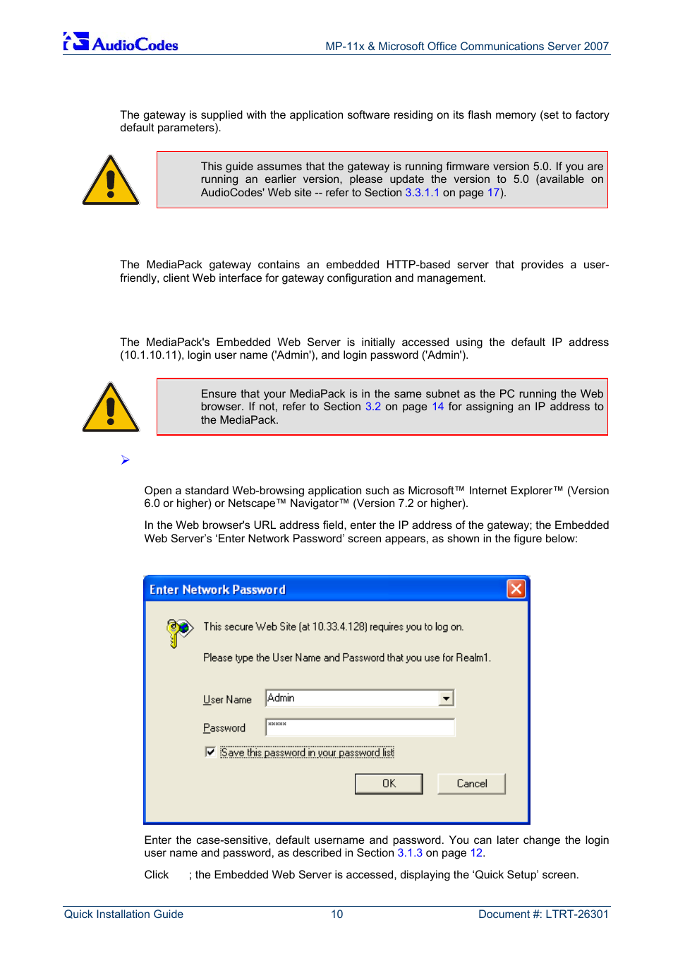 Configuring the mediapack, Embedded web server management tool, Accessing the embedded web server | 3 configuring the mediapack, 1 embedded web server management tool, 1 accessing the embedded web server | AudioCodes MP-118 User Manual | Page 10 / 44